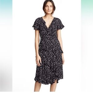 Joie Navy and White Floral Midi Dress with Flutter Sleeves